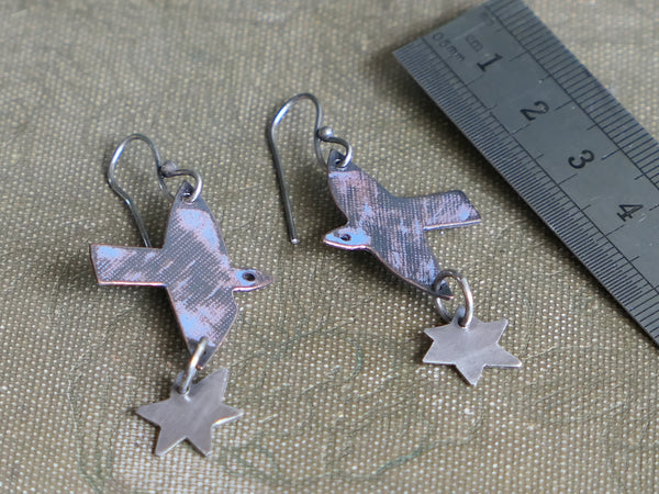 Copper Bird and Silver Star Drop Earrings