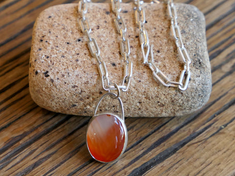 Banded Carnelian Pendant on Chunky Silver Chain