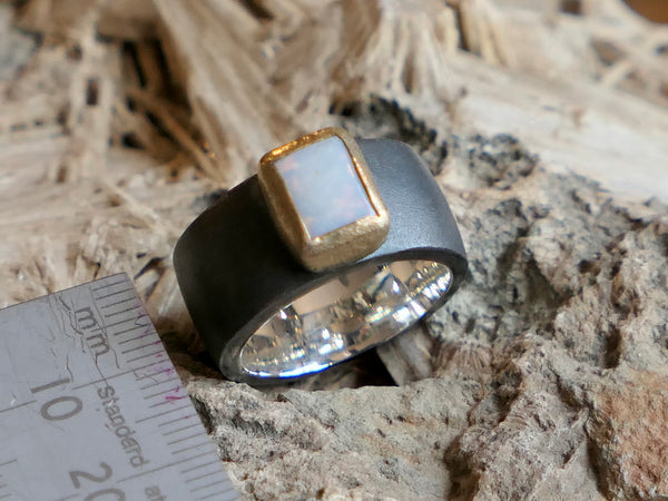Chunky Oxidised Silver Ring with Opal set in 18ct Gold