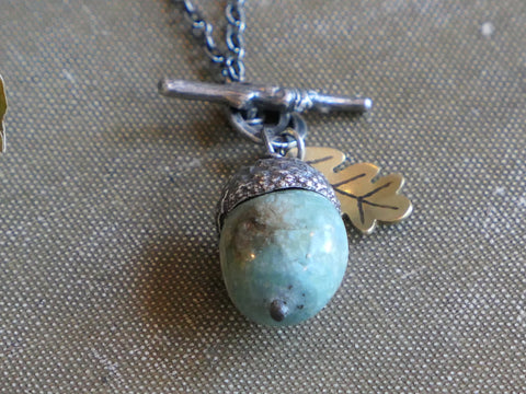 Medium Acorn Necklace with Peruvian Blue Opal and Brass Oak Leaf