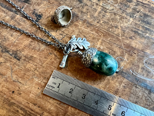 Medium Acorn Pendant with Green Agate and Silver Oak Leaf