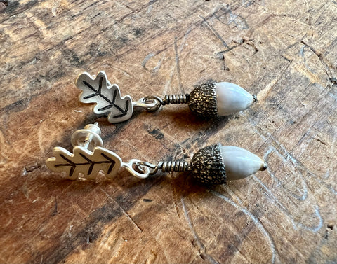 Tiny Acorn and Oak Leaf Earrings with Seed Pod