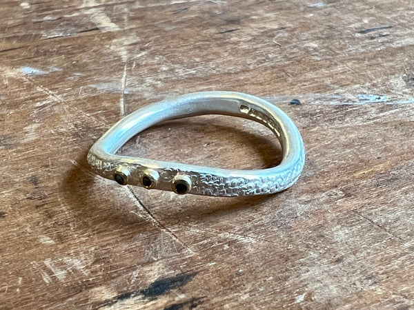 Textured Silver Ring with Blue Diamonds