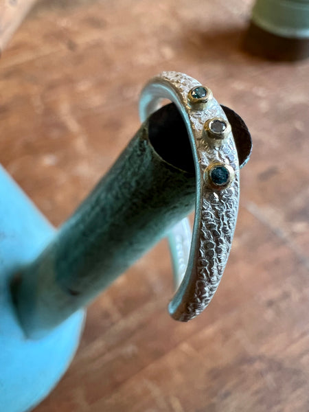 Textured Silver Ring with Blue Diamonds