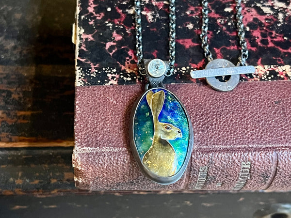 Cloisonne Hare and Aquamarine Pendant