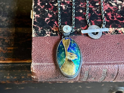 Cloisonne Hare and Aquamarine Pendant