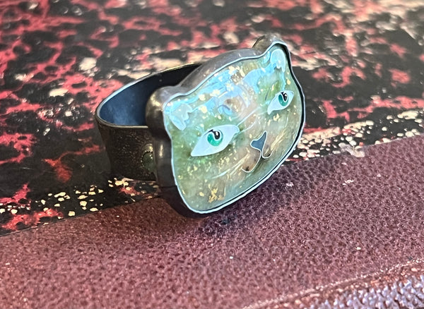 Cloisonne Wild Cat Ring with Emerald