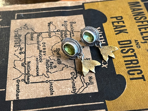 Silver, Brass and Peridot Leaf Earrings