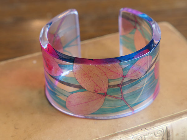 Vintage and Preloved Blue and Pink Leaf Acrylic Bangle
