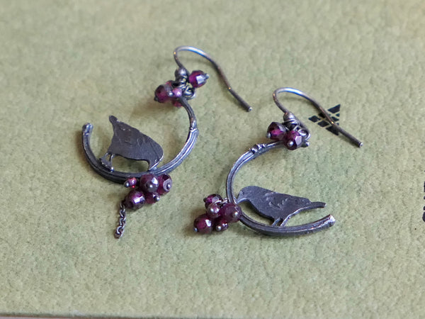 Vintage and Preloved Oxidised Silver Raven Hoops with Garnet
