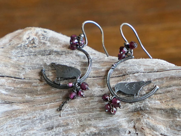 Vintage and Preloved Oxidised Silver Raven Hoops with Garnet