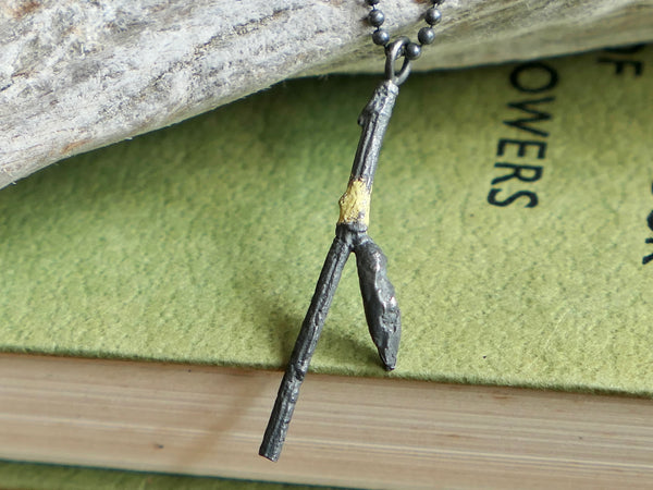 Vintage and Preloved Oxidised Sterling Silver and Yellow Enamel Twig Necklace