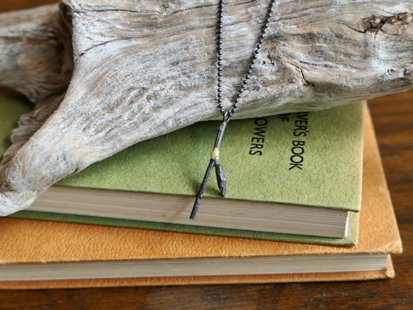 Vintage and Preloved Oxidised Sterling Silver and Yellow Enamel Twig Necklace