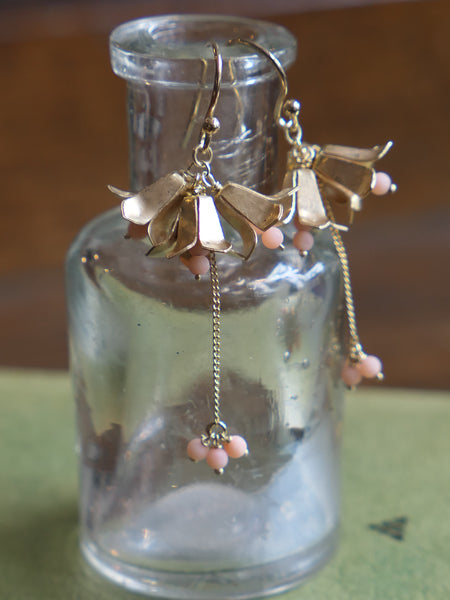 Vintage and Preloved 22ct Gold Plated Silver Bell Flower Drop Earrings with Coral Beads