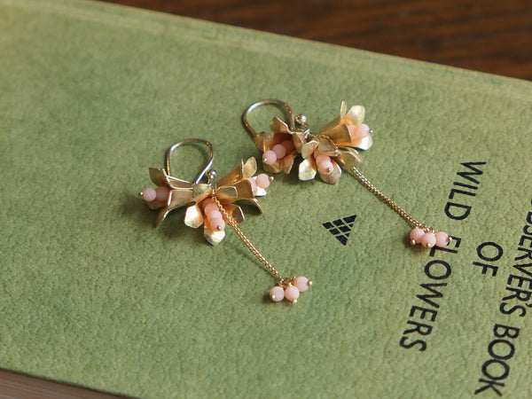 Vintage and Preloved 22ct Gold Plated Silver Bell Flower Drop Earrings with Coral Beads