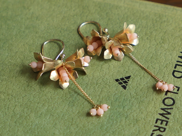 Vintage and Preloved 22ct Gold Plated Silver Bell Flower Drop Earrings with Coral Beads