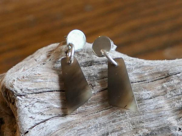 Small Brown Natural Horn Drop Earrings - Silver