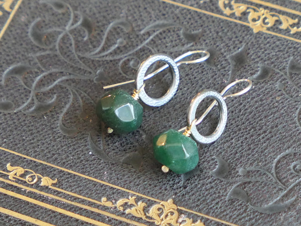 Oxidised Circle Drop Earrings with Emerald