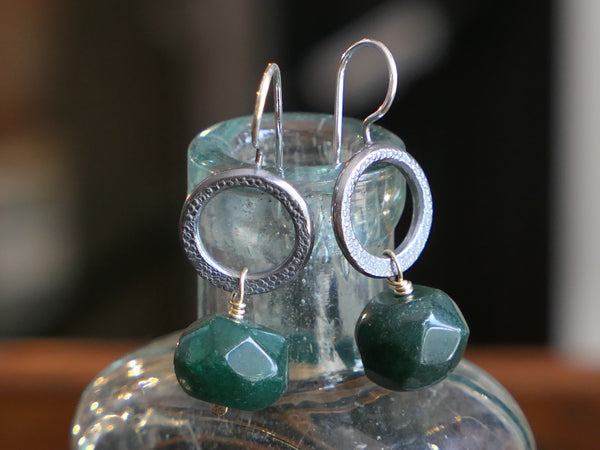 Oxidised Circle Drop Earrings with Emerald