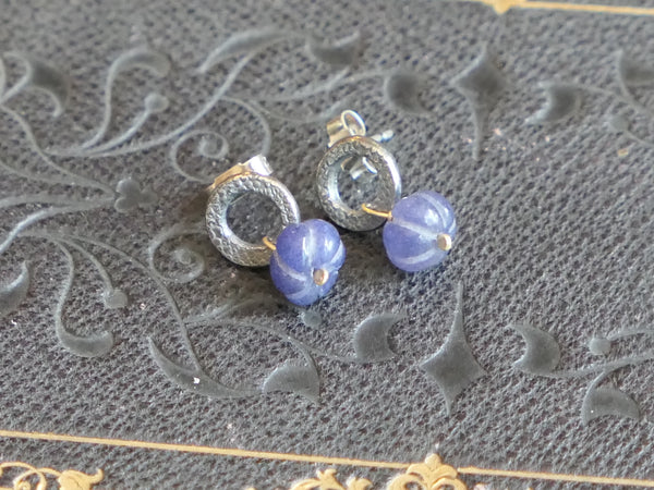 Oxidised Silver Circle Earrings with Carved Sapphire