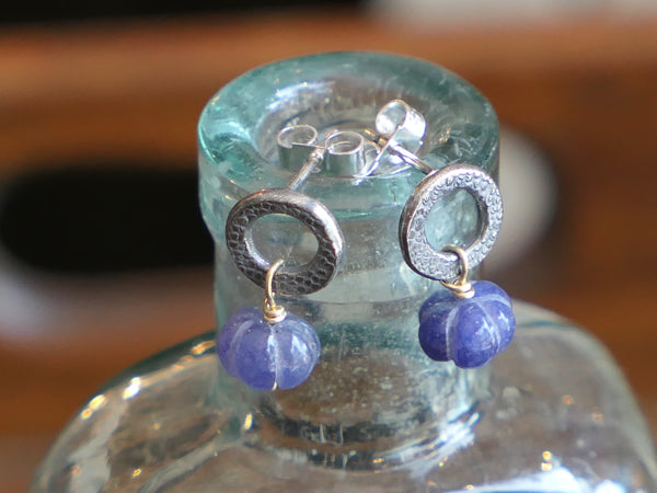 Oxidised Silver Circle Earrings with Carved Sapphire