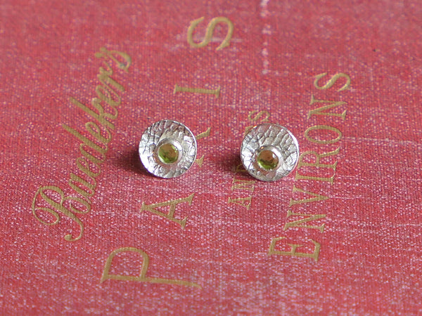 Silver Round Textured Studs with Detachable Faceted Peridot Studs