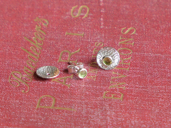 Silver Round Textured Studs with Detachable Faceted Peridot Studs