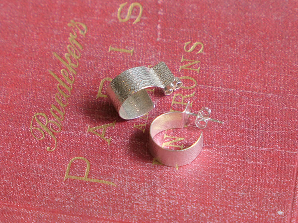 Textured Broad Silver Hoop Earrings