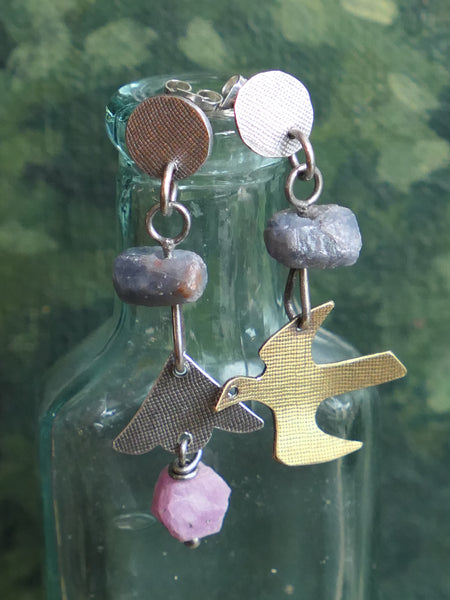 Silver and Brass Earrings with Natural Sapphire Beads
