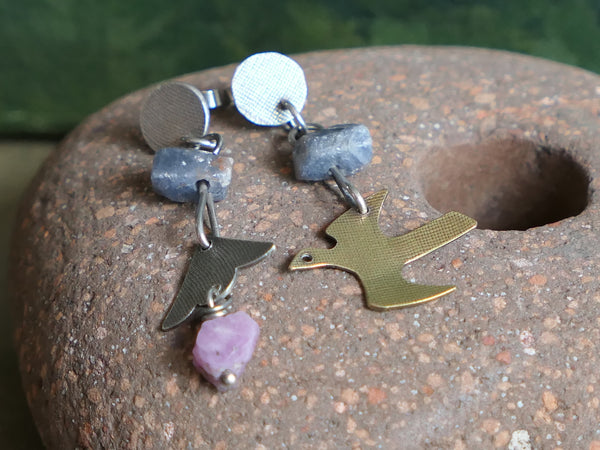 Silver and Brass Earrings with Natural Sapphire Beads