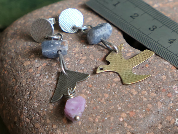 Silver and Brass Earrings with Natural Sapphire Beads