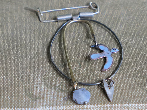 Silver Copper and Steel Bird Brooch