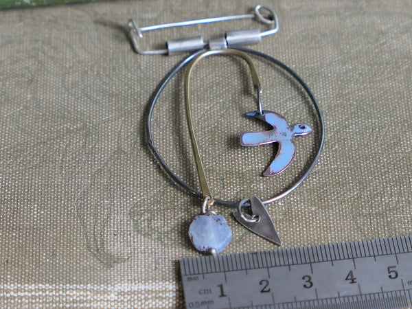 Silver Copper and Steel Bird Brooch