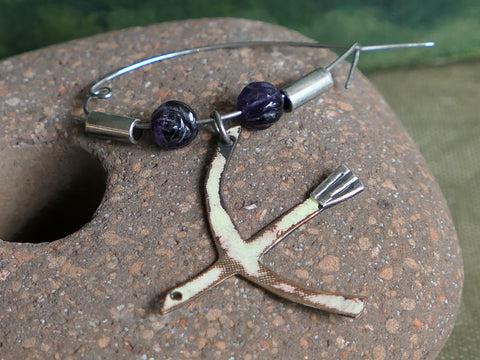 Silver Copper and Steel Bird Brooch with Carved Amethyst Beads