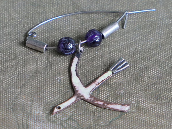 Silver Copper and Steel Bird Brooch with Carved Amethyst Beads