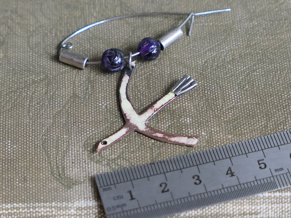 Silver Copper and Steel Bird Brooch with Carved Amethyst Beads