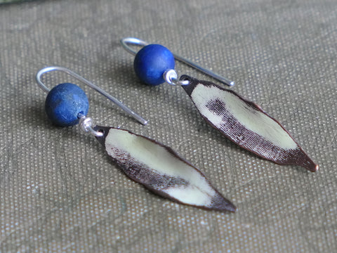 Copper Leaf and Silver Earrings with Lapis Lazuli Bead