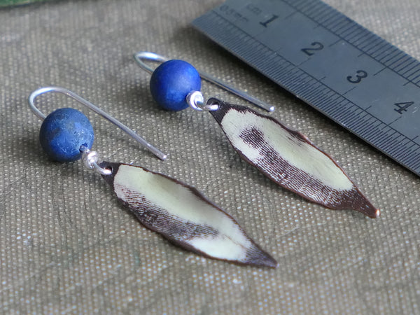 Copper Leaf and Silver Earrings with Lapis Lazuli Bead