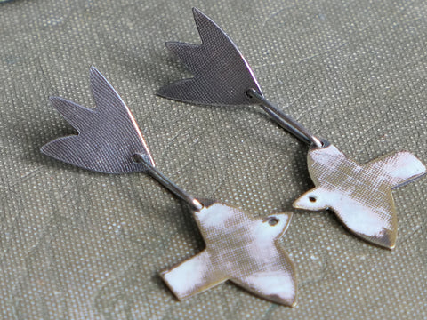 Silver and Copper Dangle Bird Earrings