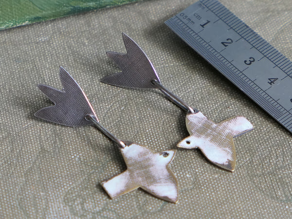 Silver and Copper Dangle Bird Earrings
