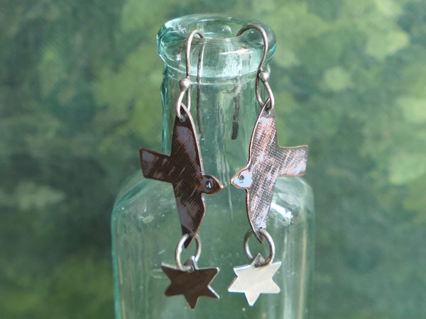 Copper Bird and Silver Star Drop Earrings