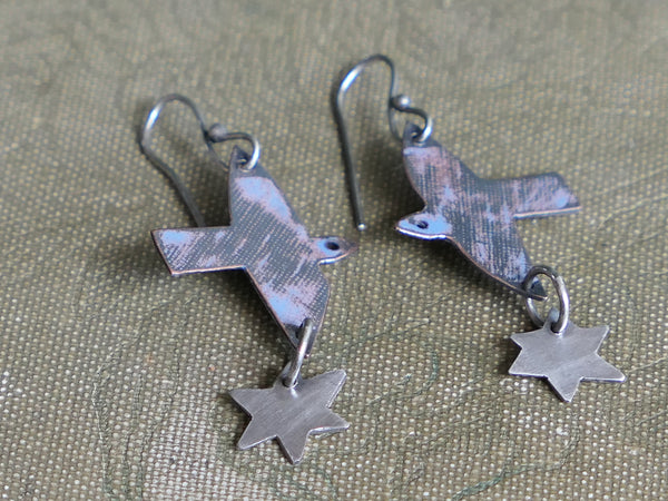 Copper Bird and Silver Star Drop Earrings