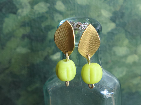Brass Leaf Earrings with Carved Green Glass Beads