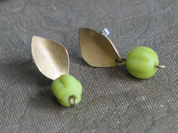 Brass Leaf Earrings with Carved Green Glass Beads