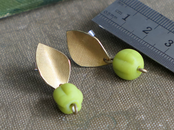 Brass Leaf Earrings with Carved Green Glass Beads