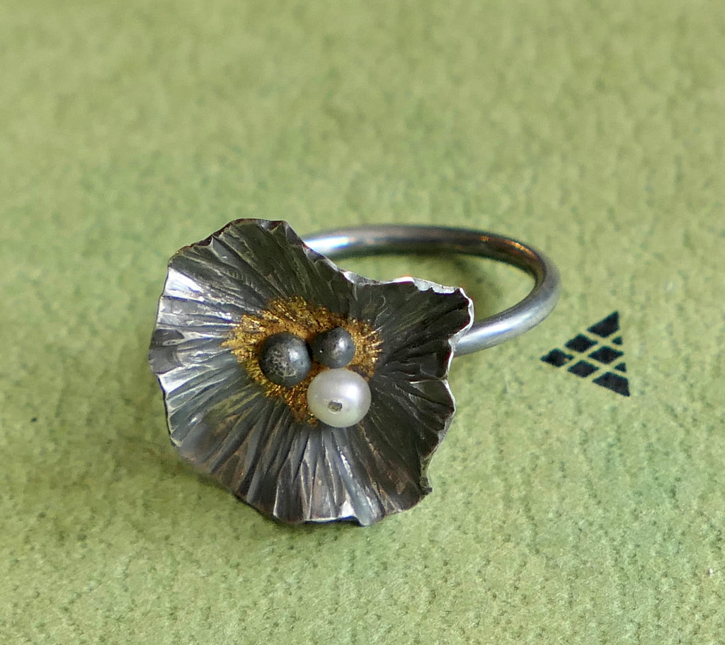 Oxidised, Sterling Silver Flower Ring with 24ct Gold Detail
