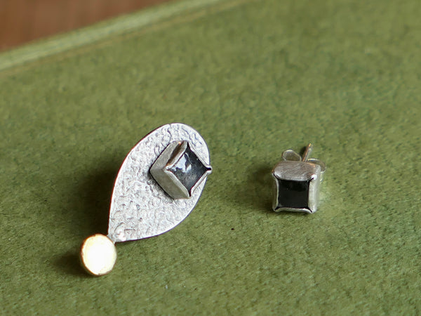Oxidised Sterling Silver and Labradorite Textured Stud Earrings