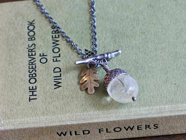 Medium Acorn Pendant Citrine Acorn, Oxidised Silver Chain and Brass Oak Leaf