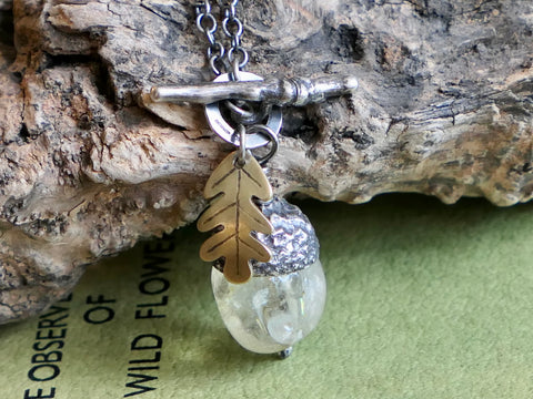 Medium Acorn Pendant Citrine Acorn, Oxidised Silver Chain and Brass Oak Leaf