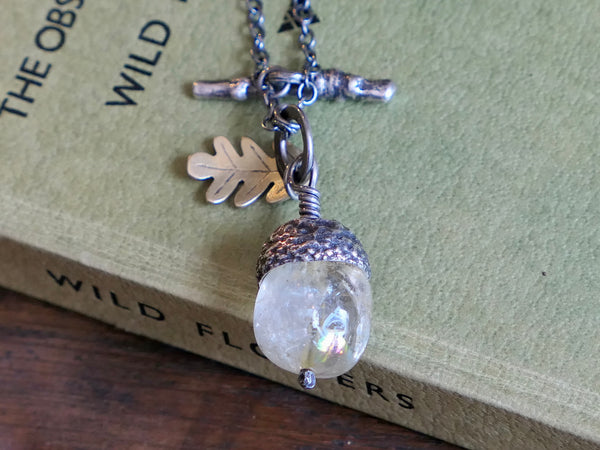 Medium Acorn Pendant Citrine Acorn, Oxidised Silver Chain and Brass Oak Leaf